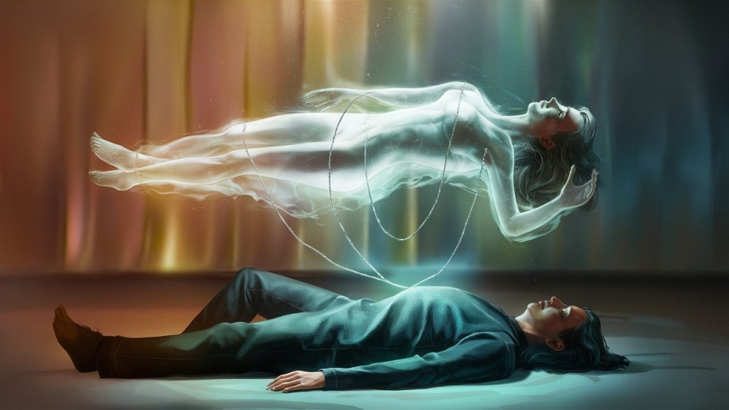 Una ilustración que muestre a una persona acostada, con una versión etérea o translúcida de sí misma flotando sobre su cuerpo físico, conectada por un cordón de plata.